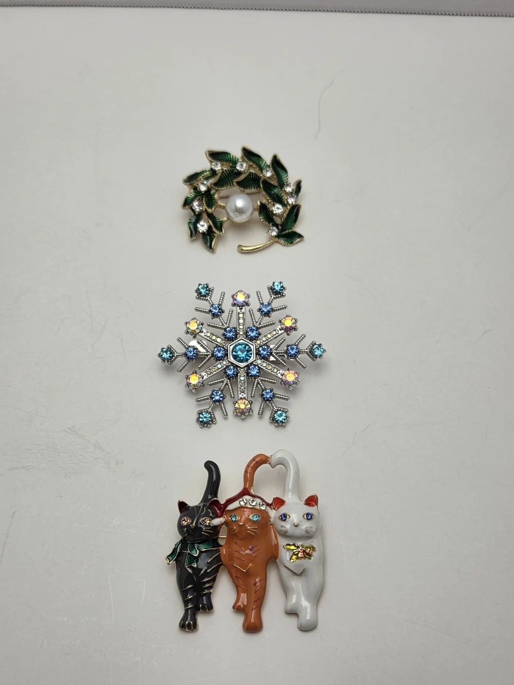 Christmas Brooch Set • Snowflake, Cat Pendant Brooch & Holiday Wreath